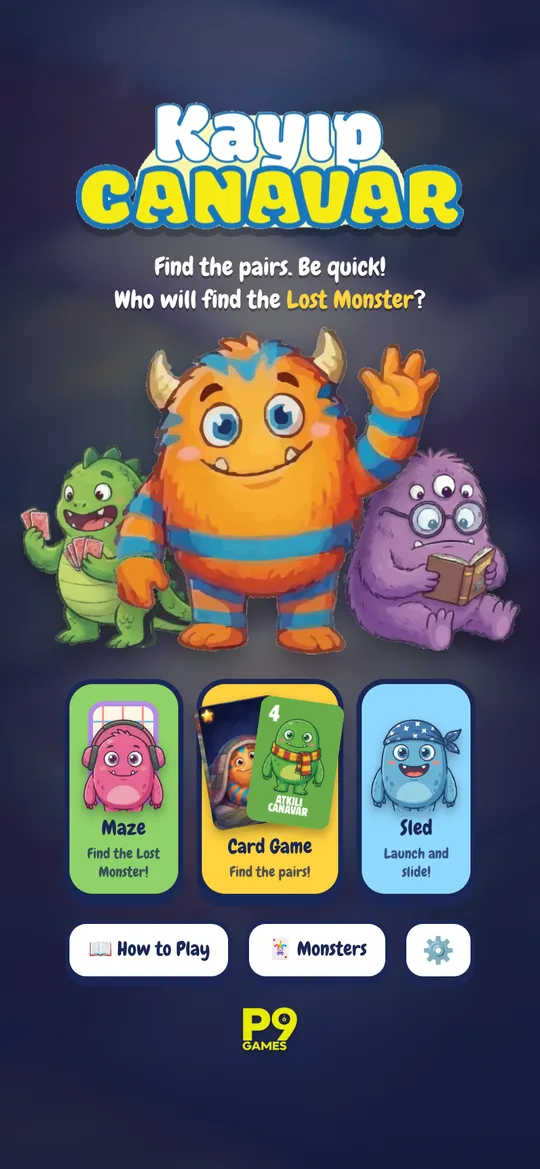 Kayıp Canavar main menu: Maze, Card Game and Sled